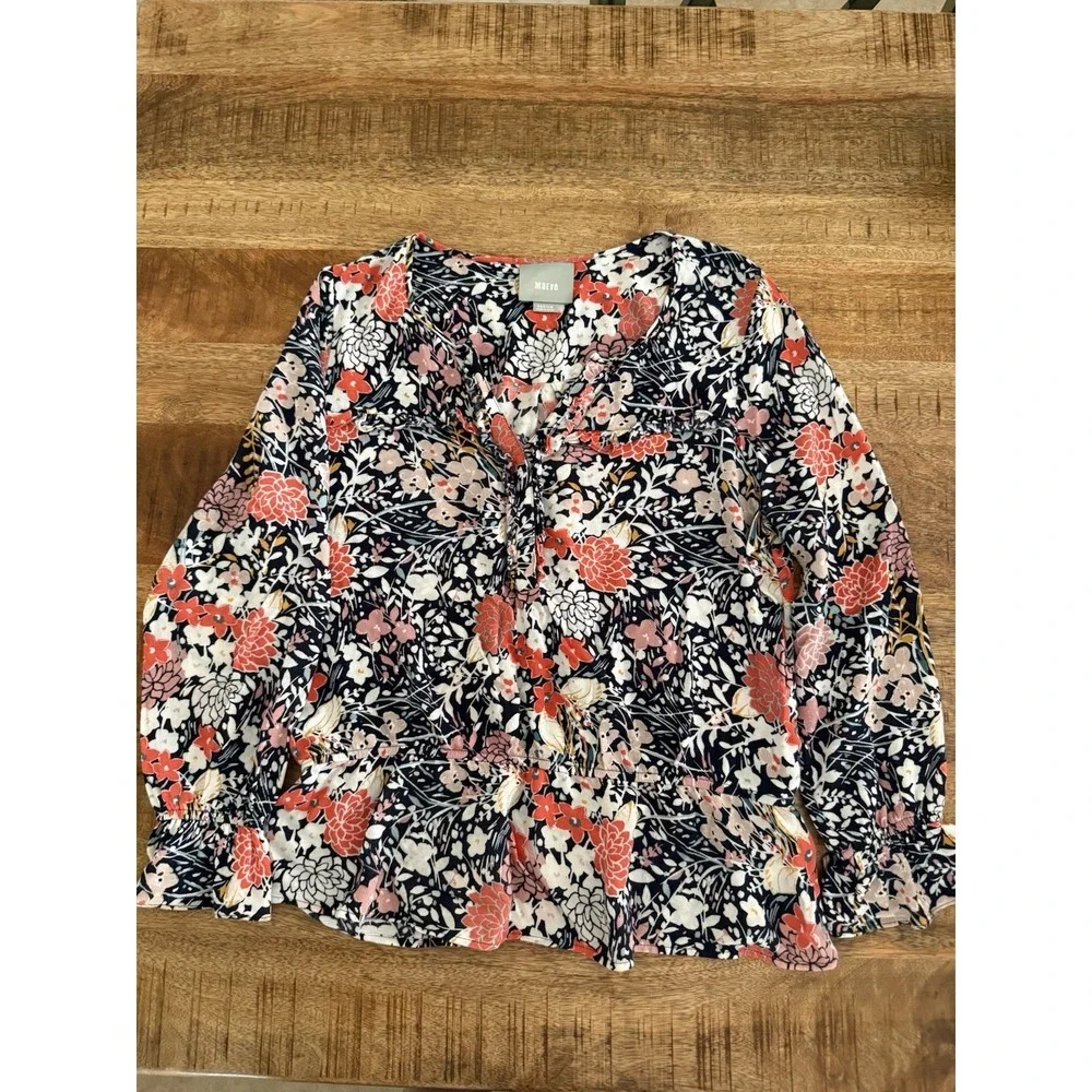 Maeve Anthropologie Floral Print‎ Peplum Blouse Medium 3/4 Sleeve V Tie Neck
